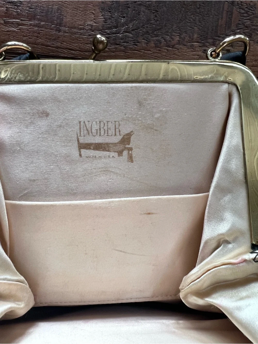 Vintage Ingber Black Satin Evening Purse Kiss Lock Bag With Coin Purse USA MCM